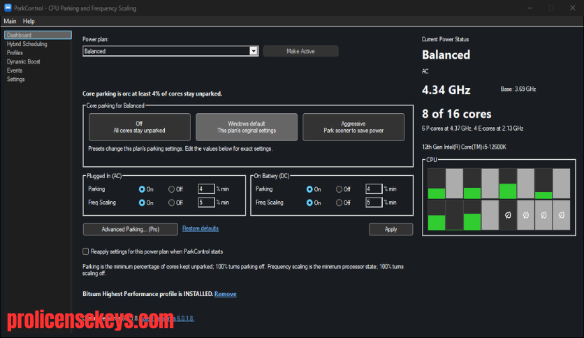 Bitsum ParkControl Pro Windows 电源管理设置