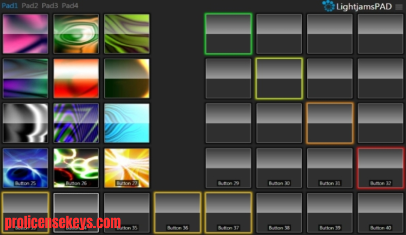 Lightjams 软件工作区和灯光效果控制界面截图