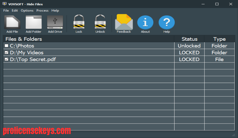 VovSoft Hide Files 软件主界面