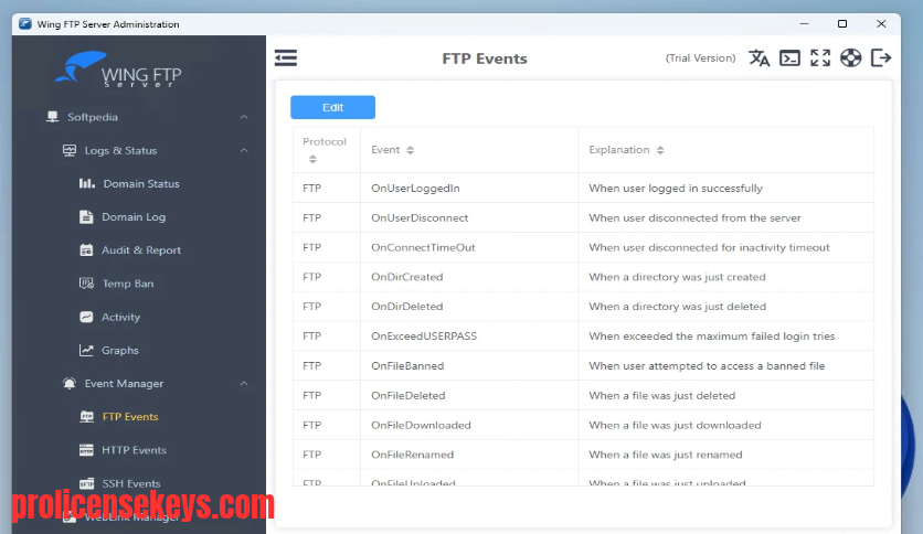 Wing FTP Server Corporate 管理界面截图，展示服务器配置和文件传输管理相关的操作环境